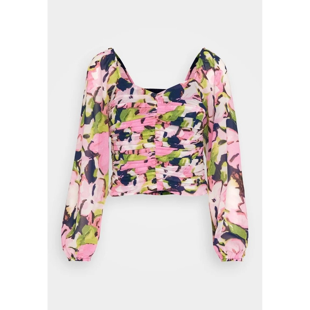 Abercrombie & Fitch Floral Ruched Smocked Long Sleeve Crop Top Pink Green Medium - Picture 1 of 6